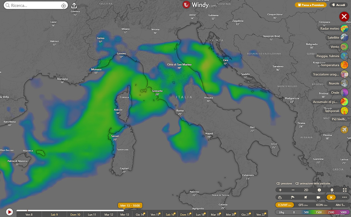 Cartina Italia dell'indice CAPE - Windy